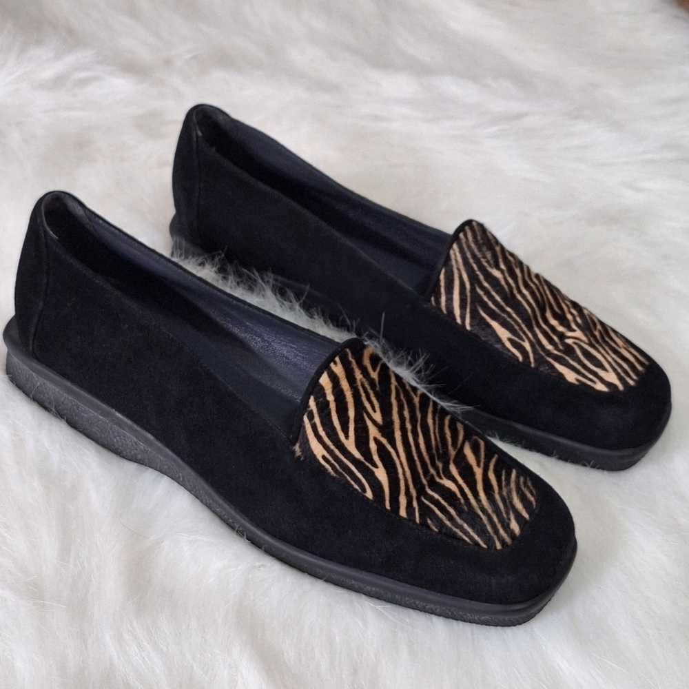 Stuart Weizmann Palomino Zebrette Pony Hair Square Toe Black Suede Loafer 7B